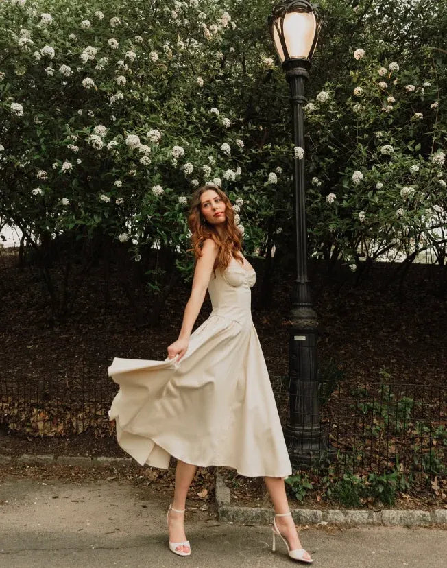 Cream Spaghetti Strap Sweetheart Neck Fit-and-Flare Midi Dress