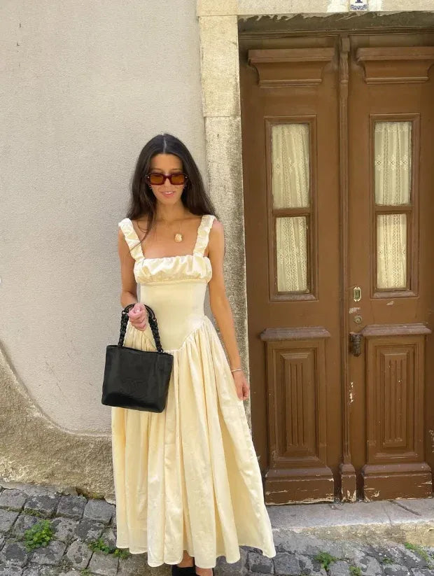 Cream Square-Neck Ruffle-Strap Corset Satin Maxi Dress