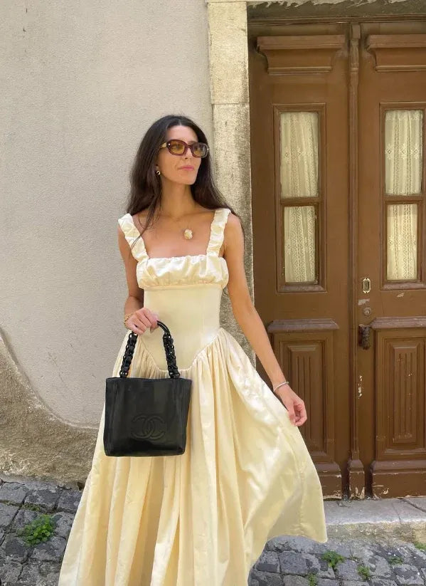 Cream Square-Neck Ruffle-Strap Corset Satin Maxi Dress