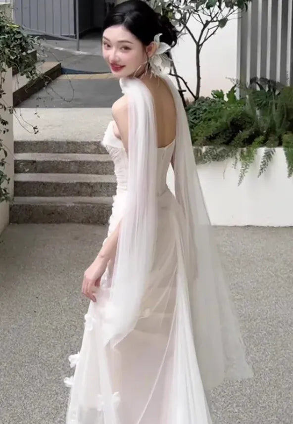 Cream Tulle Strapless 3D Floral Draped Maxi Dress