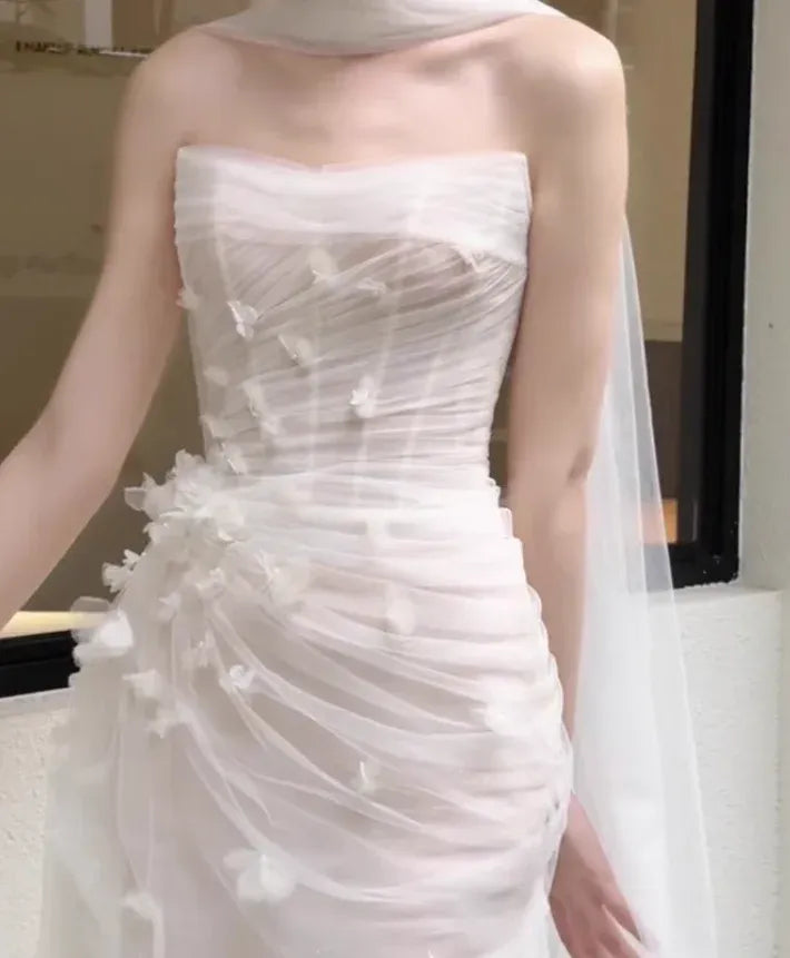 Cream Tulle Strapless 3D Floral Draped Maxi Dress