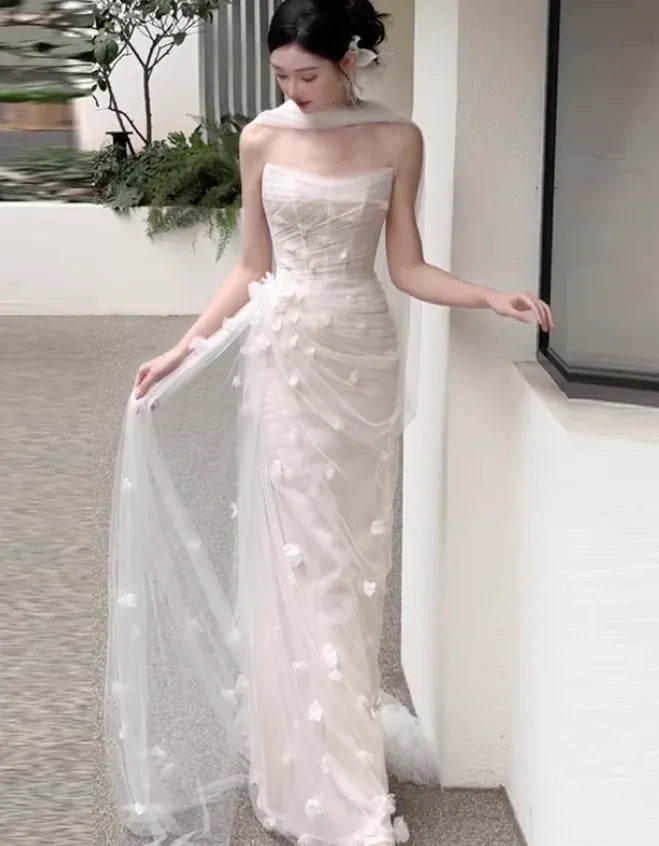 Cream Tulle Strapless 3D Floral Draped Maxi Dress