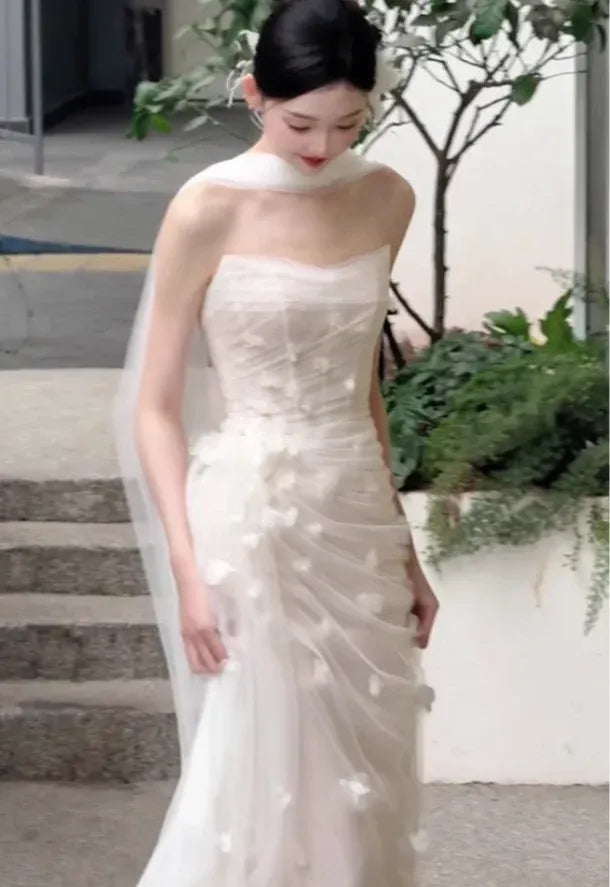 Cream Tulle Strapless 3D Floral Draped Maxi Dress