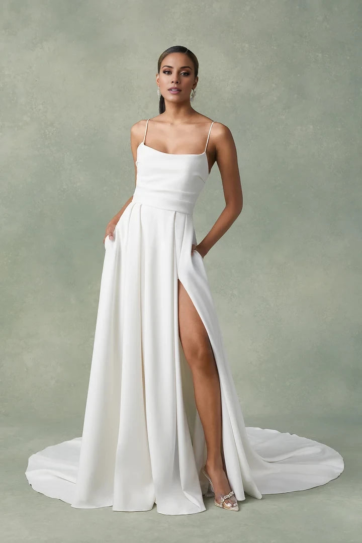 Crepe A-Line Dress with Scoop Neckline and Slit Wedding Dresses