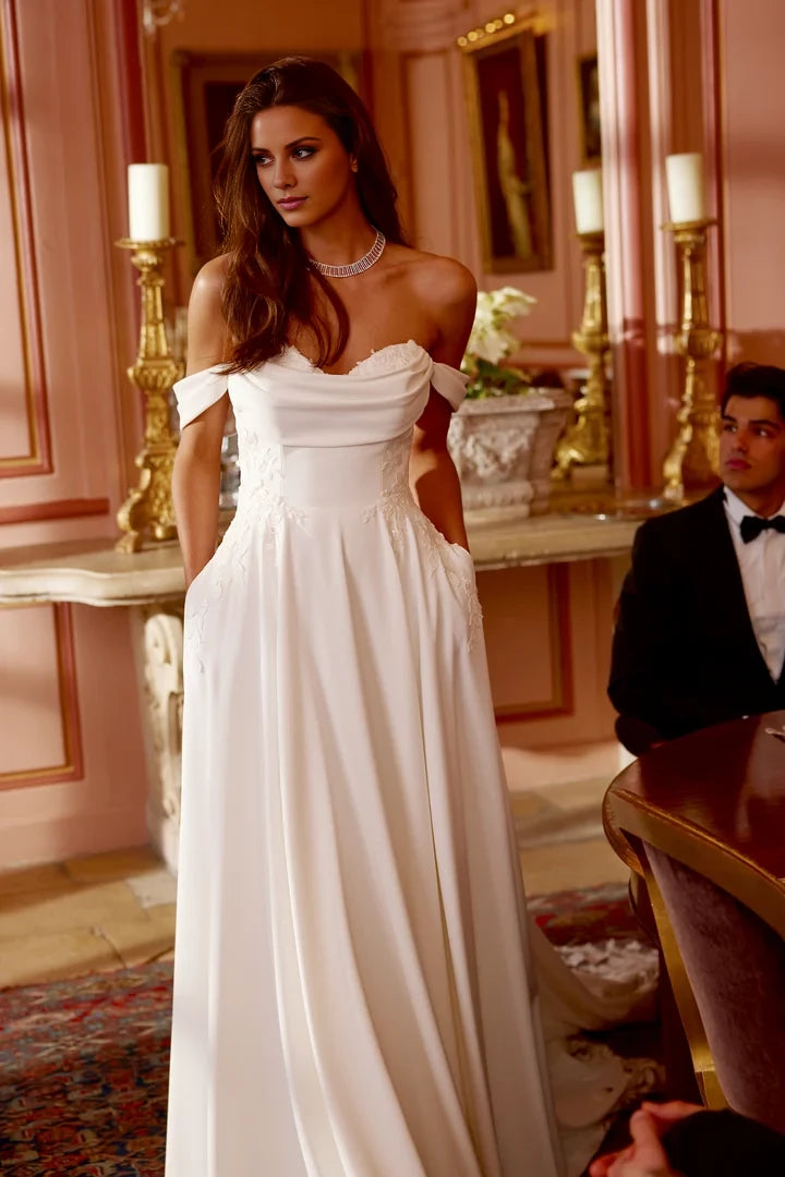 Crepe A-Line Gown with Sweetheart Neckline and Cowl Detail Wedding Dresses