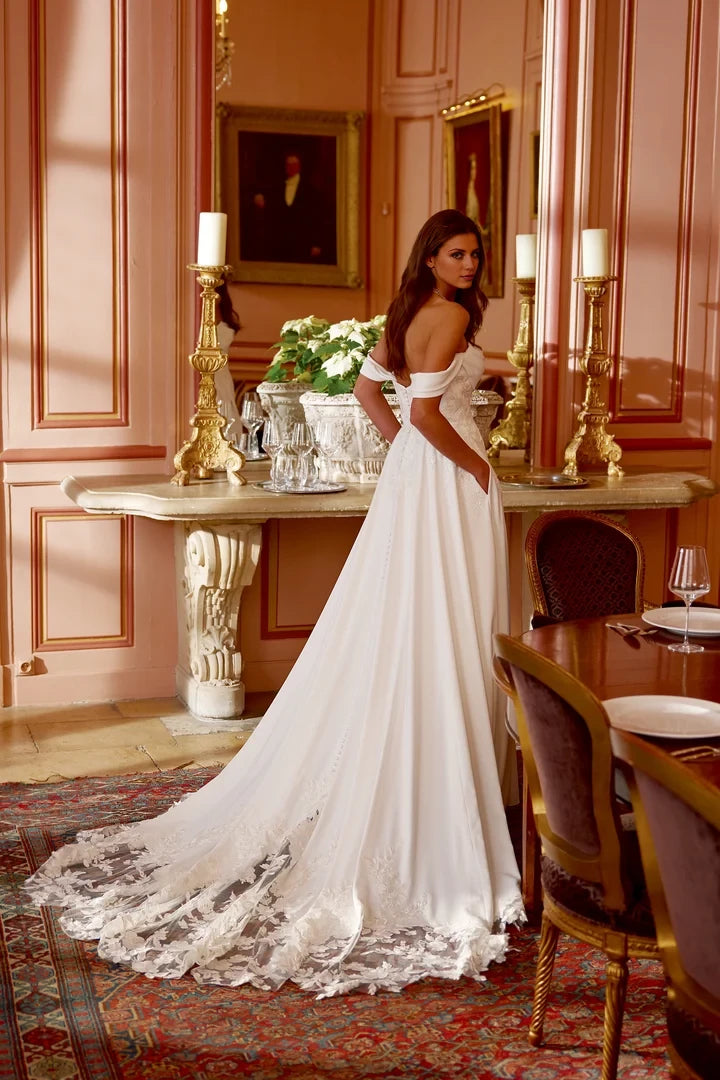 Crepe A-Line Gown with Sweetheart Neckline and Cowl Detail Wedding Dresses