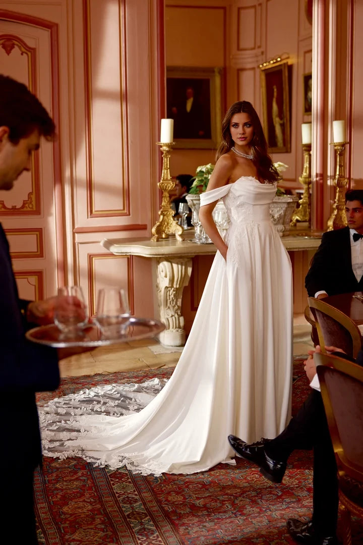 Crepe A-Line Gown with Sweetheart Neckline and Cowl Detail Wedding Dresses