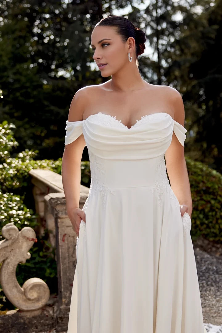 Crepe A-Line Plus Size Gown with Sweetheart Neckline and Cowl Detail Wedding Dresses