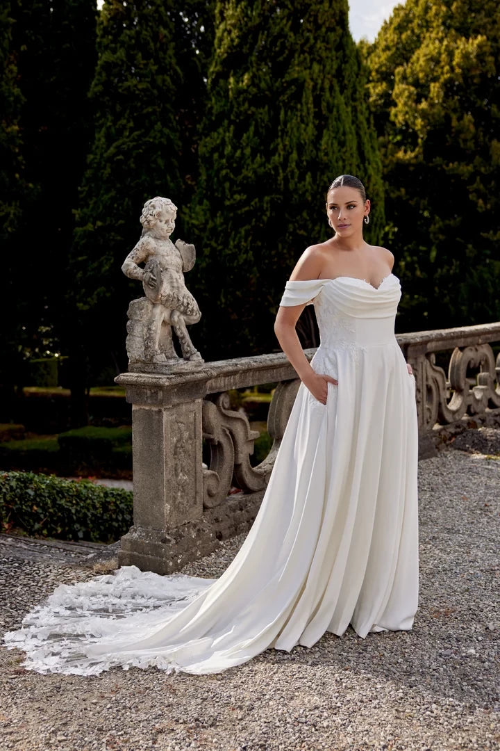 Crepe A-Line Plus Size Gown with Sweetheart Neckline and Cowl Detail Wedding Dresses