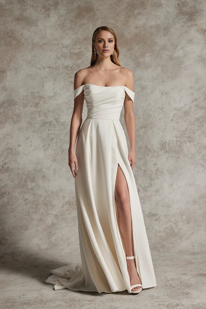 Crepe A-Line Wedding Gown with Exposed Boning and Skirt Slit Wedding Dresses