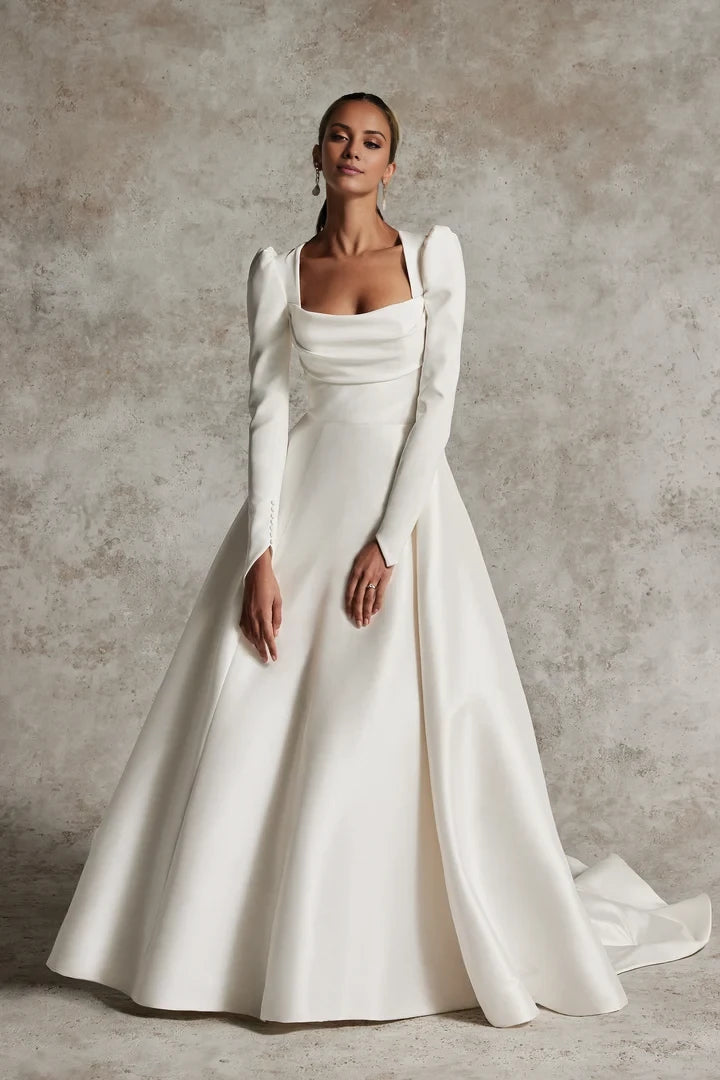Crepe  Ball Gown with Long Puff Sleeves Wedding Dresses