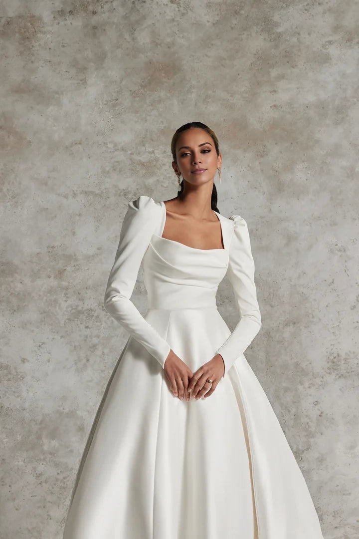 Crepe  Ball Gown with Long Puff Sleeves Wedding Dresses