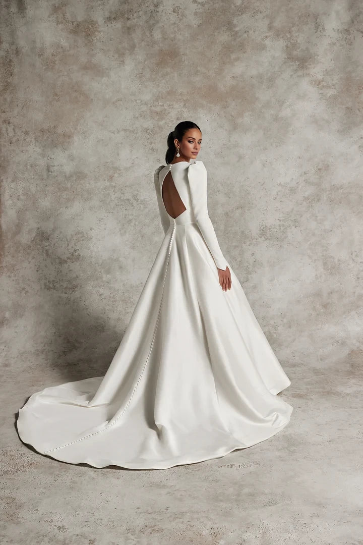 Crepe  Ball Gown with Long Puff Sleeves Wedding Dresses