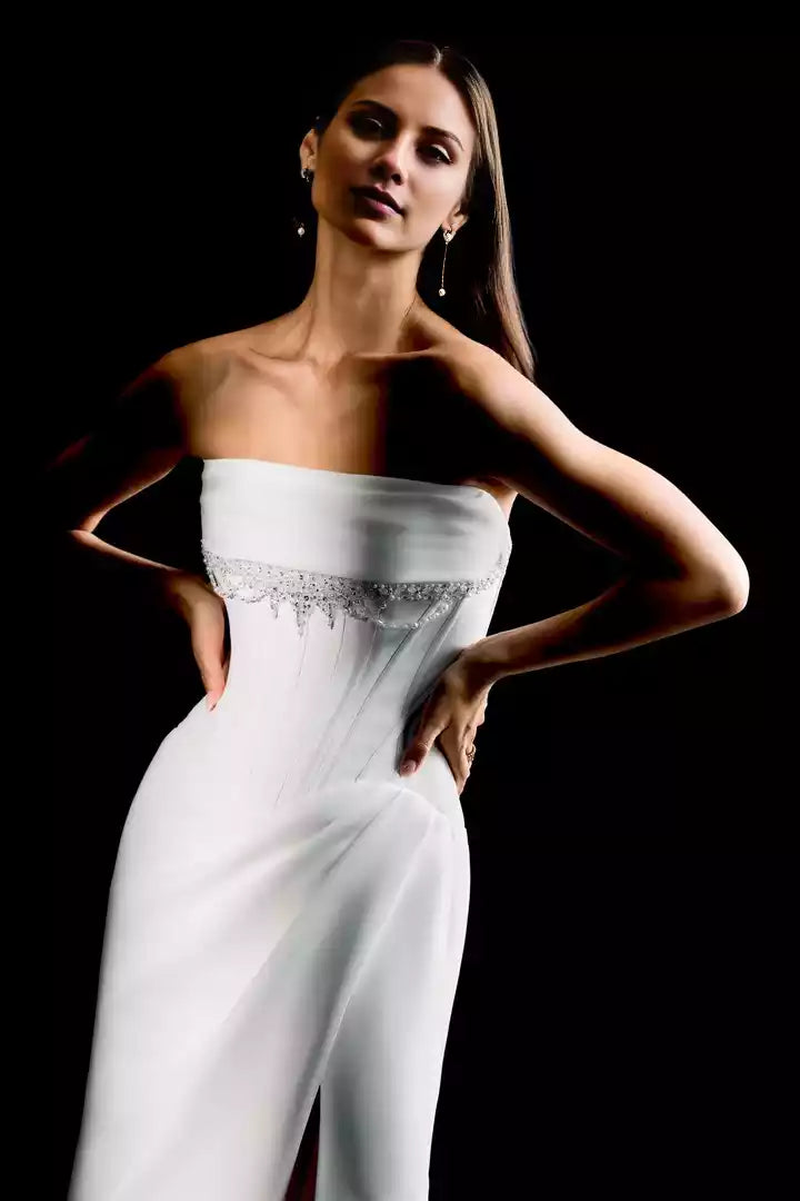 Crepe Fit Split Fork with Corset Tie Back Wedding Dress
