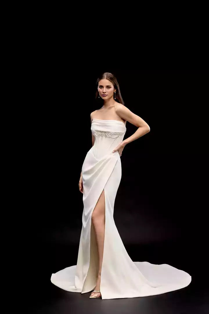 Crepe Fit Split Fork with Corset Tie Back Wedding Dress