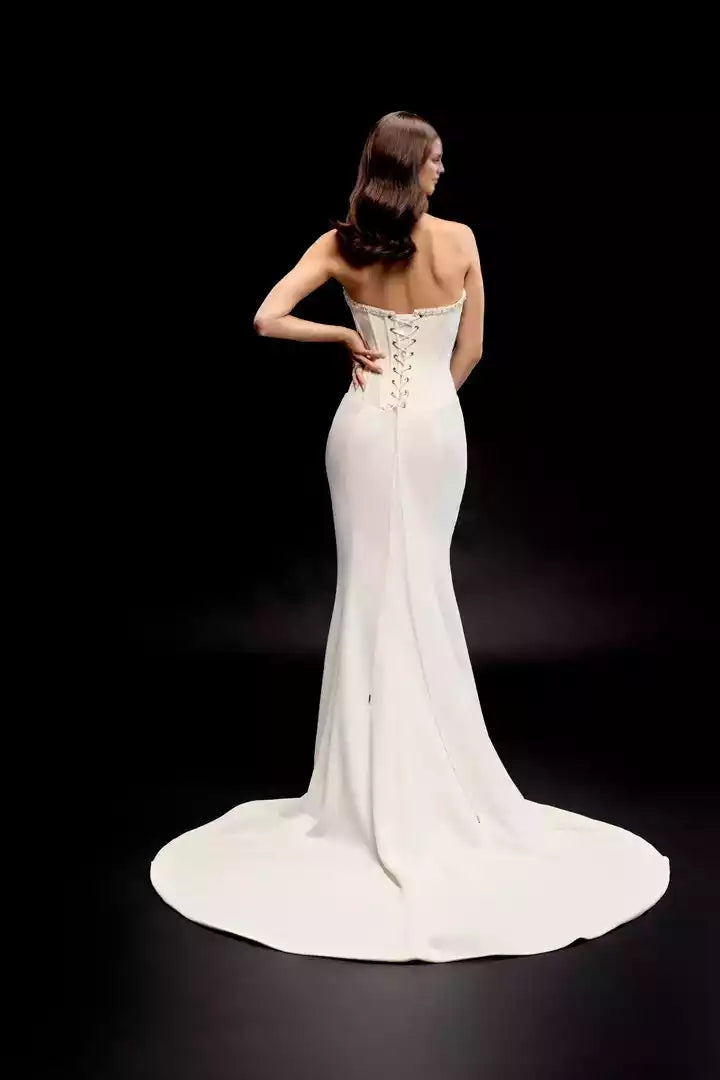 Crepe Fit Split Fork with Corset Tie Back Wedding Dress