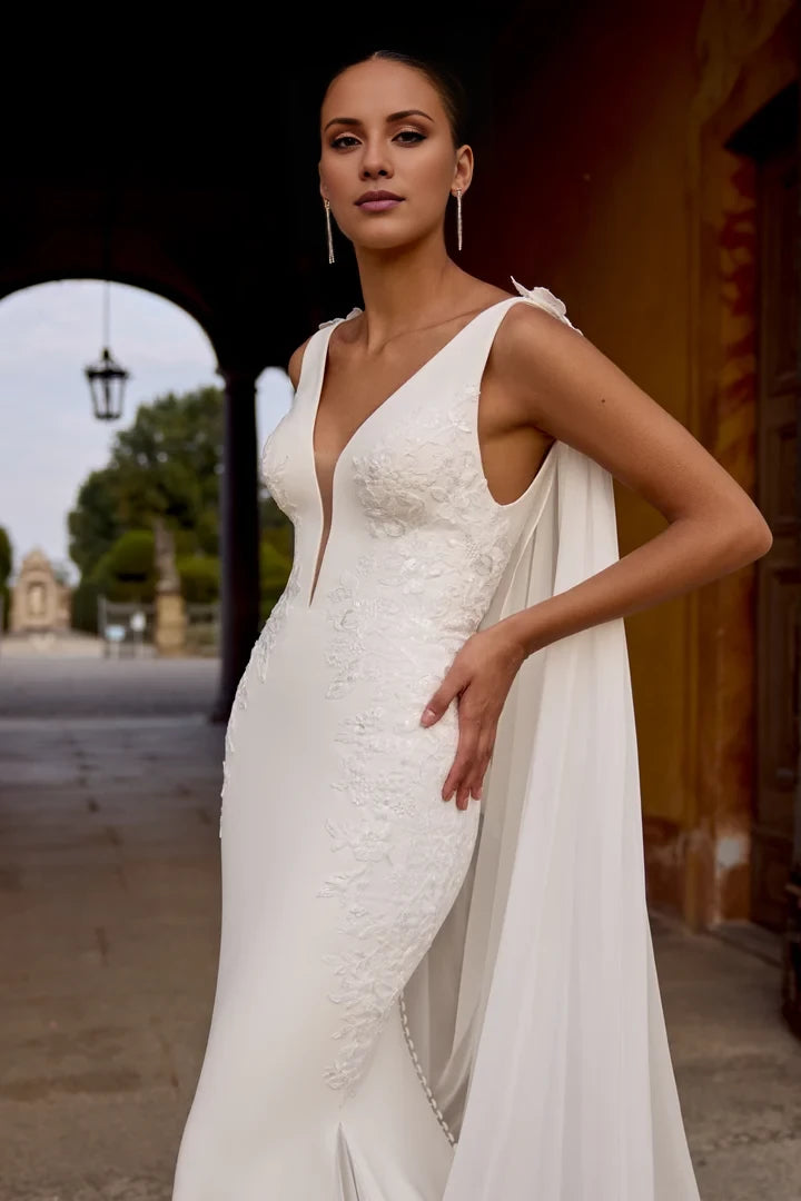 Crepe Fit and Flare Dress with Lace Appliqués and Plunging V-Neck Wedding Dresses