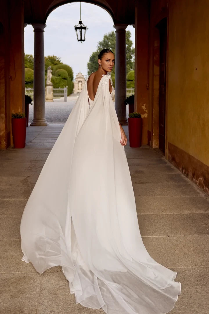Crepe Fit and Flare Dress with Lace Appliqués and Plunging V-Neck Wedding Dresses