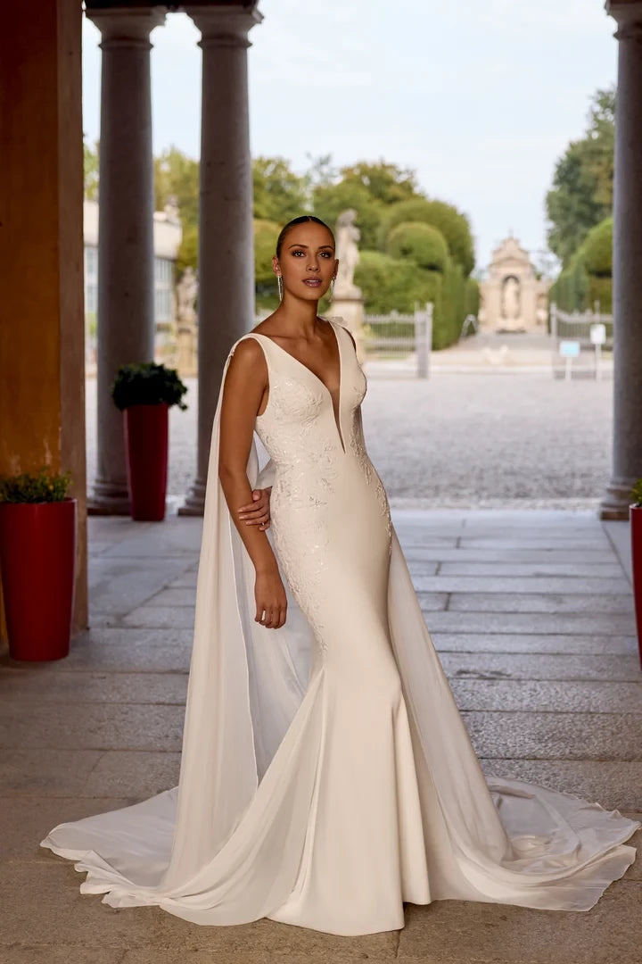 Crepe Fit and Flare Dress with Lace Appliqués and Plunging V-Neck Wedding Dresses