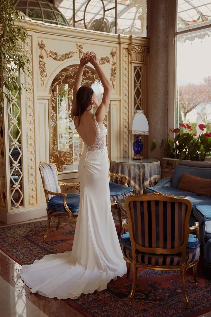 Crepe Fit and Flare Dress with Sheer Bodice and Lace Appliqués Wedding Dresses
