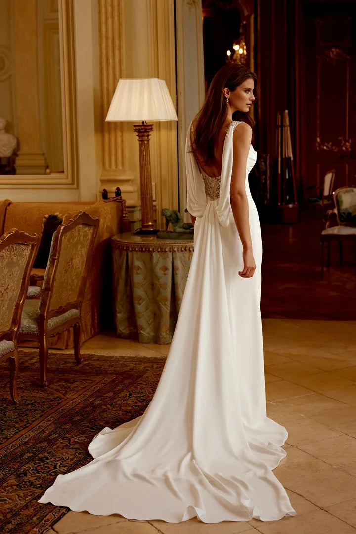 Crepe Fit and Flare Gown with Beaded Back and Detachable Cowl Wedding Dresses