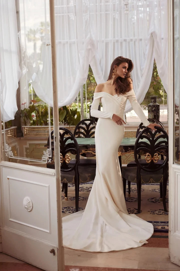 Crepe Fit and Flare Gown with Illusion Back with Exposed Boning Wedding Dresses