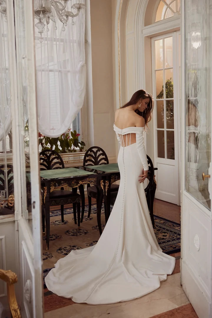 Crepe Fit and Flare Gown with Illusion Back with Exposed Boning Wedding Dresses