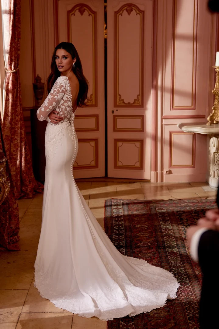 Crepe Fit and Flare Gown with Illusion Notched Sabrina Neckline Wedding Dresses