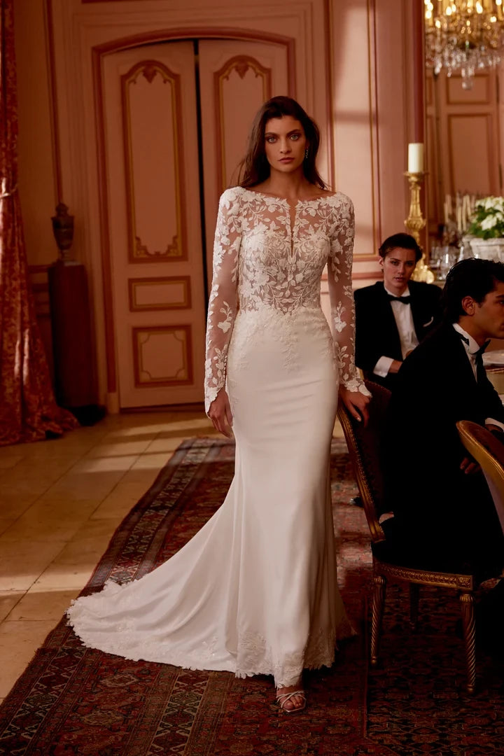 Crepe Fit and Flare Gown with Illusion Notched Sabrina Neckline Wedding Dresses