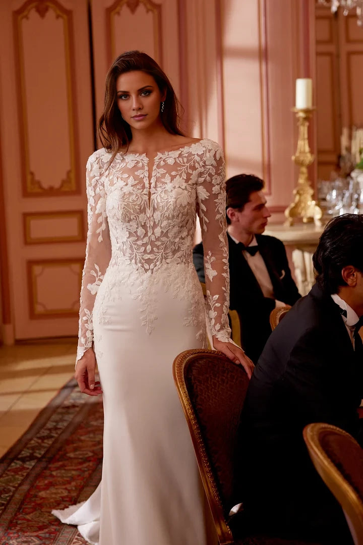 Crepe Fit and Flare Gown with Illusion Notched Sabrina Neckline Wedding Dresses