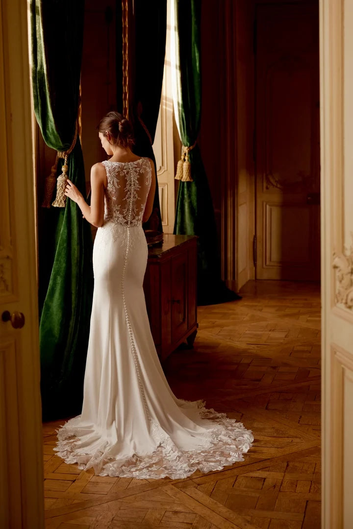 Crepe Fit and Flare Gown with Lace Appliqués and Illusion Back Wedding Dresses