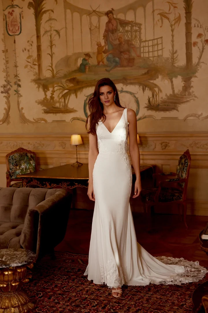 Crepe Fit and Flare Gown with Lace Appliqués and Illusion Back Wedding Dresses