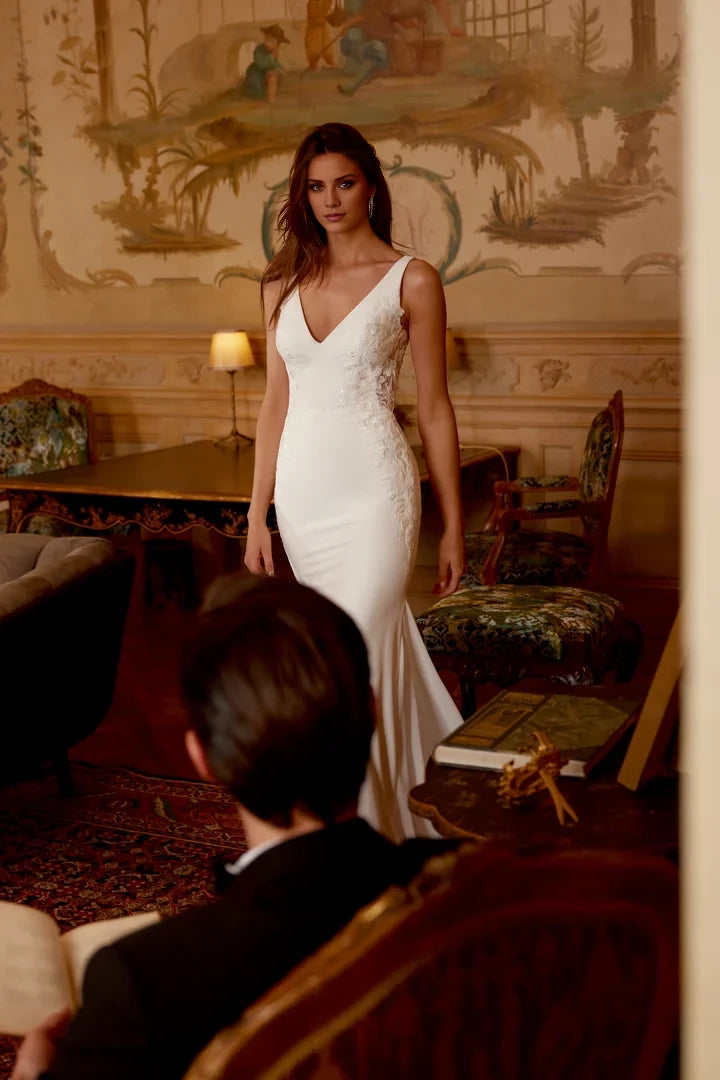 Crepe Fit and Flare Gown with Lace Appliqués and Illusion Back Wedding Dresses