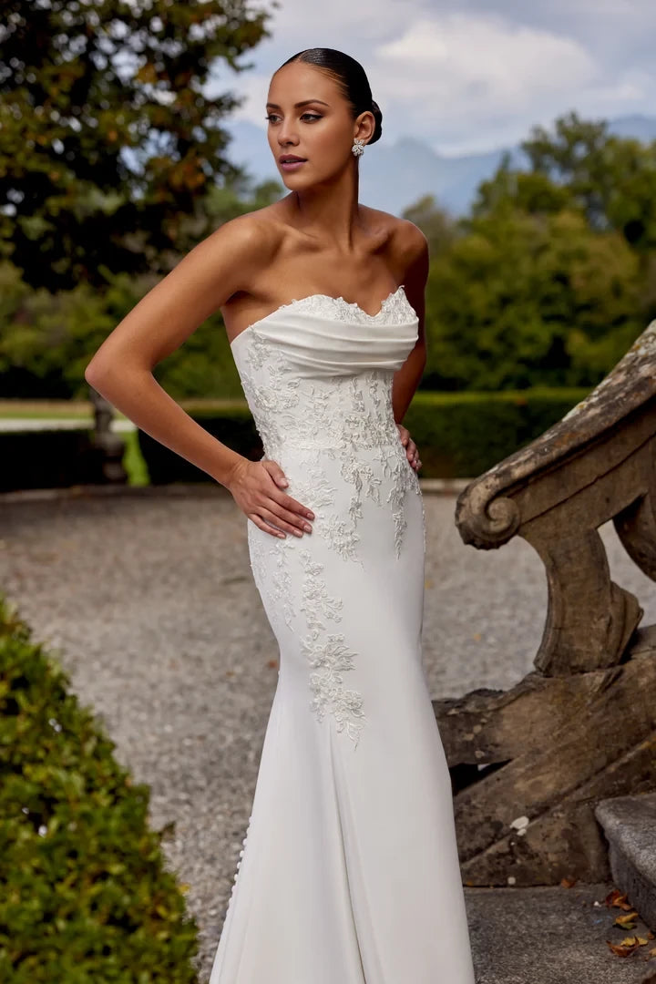 Crepe Fit and Flare Gown with Matte Lace Appliqués Wedding Dresses