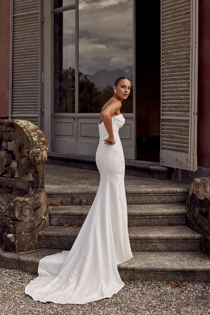 Crepe Fit and Flare Gown with Matte Lace Appliqués Wedding Dresses