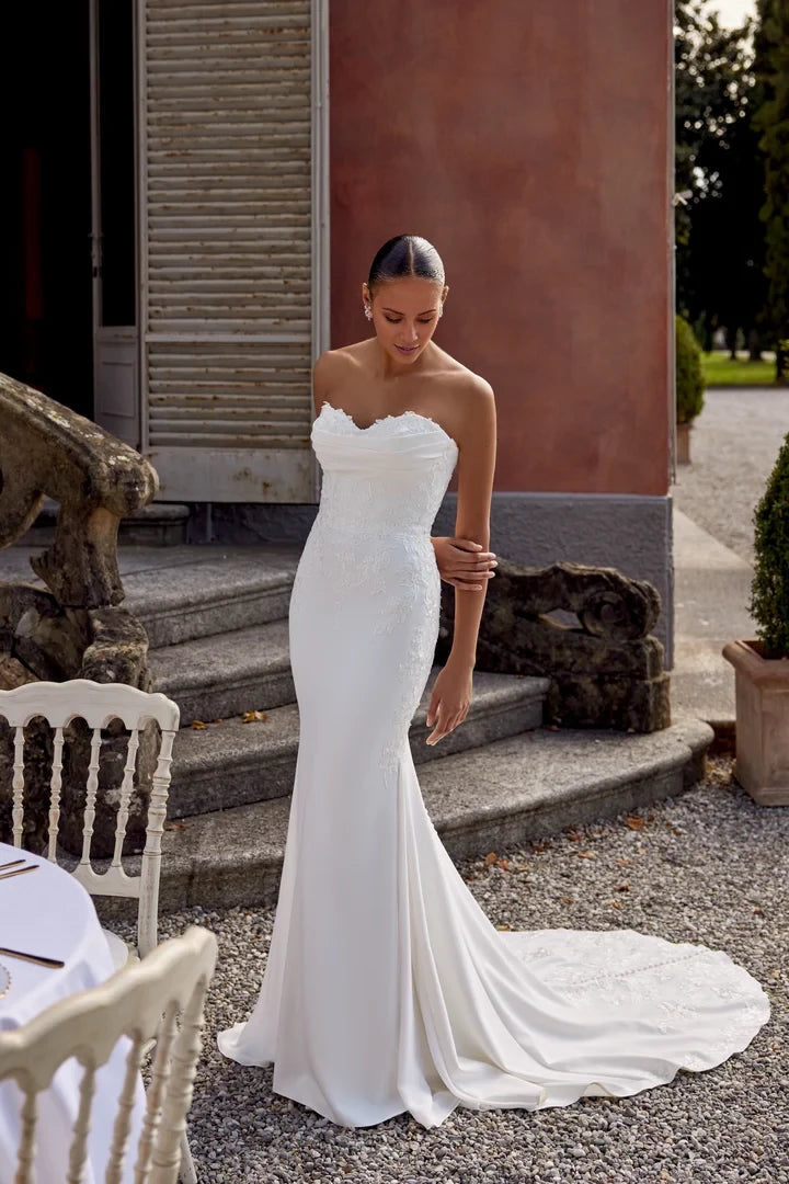 Crepe Fit and Flare Gown with Matte Lace Appliqués Wedding Dresses