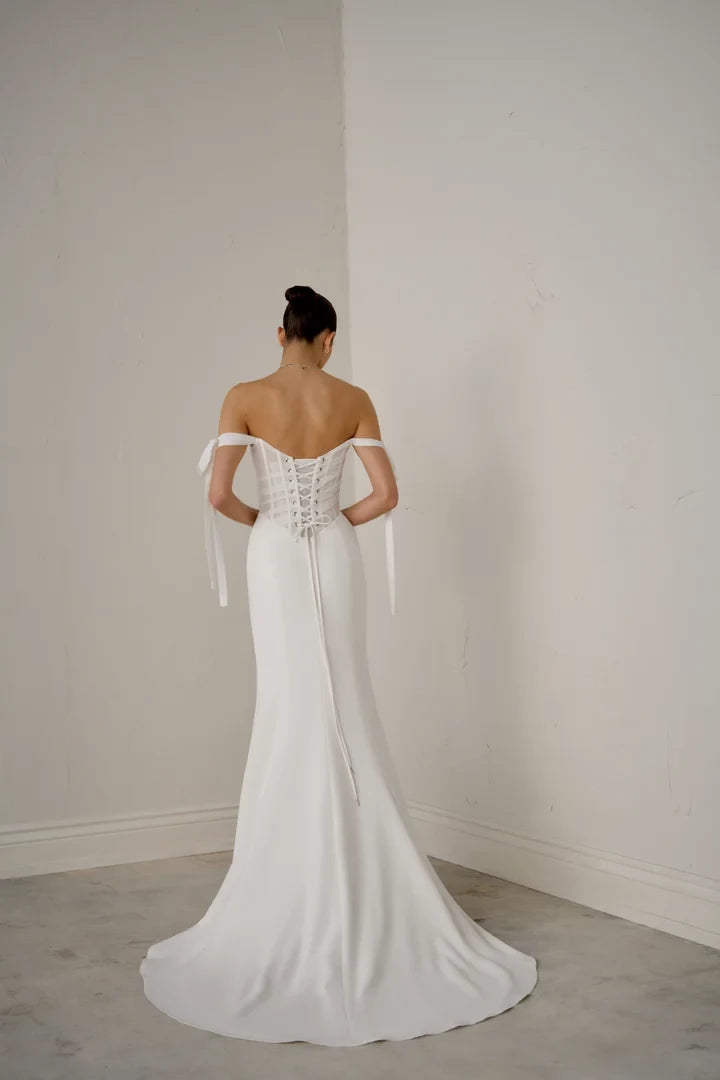 Crepe Fit and Flare Gown with Off-The-Shoulder Straps and Sheer Bodice Wedding Dresses