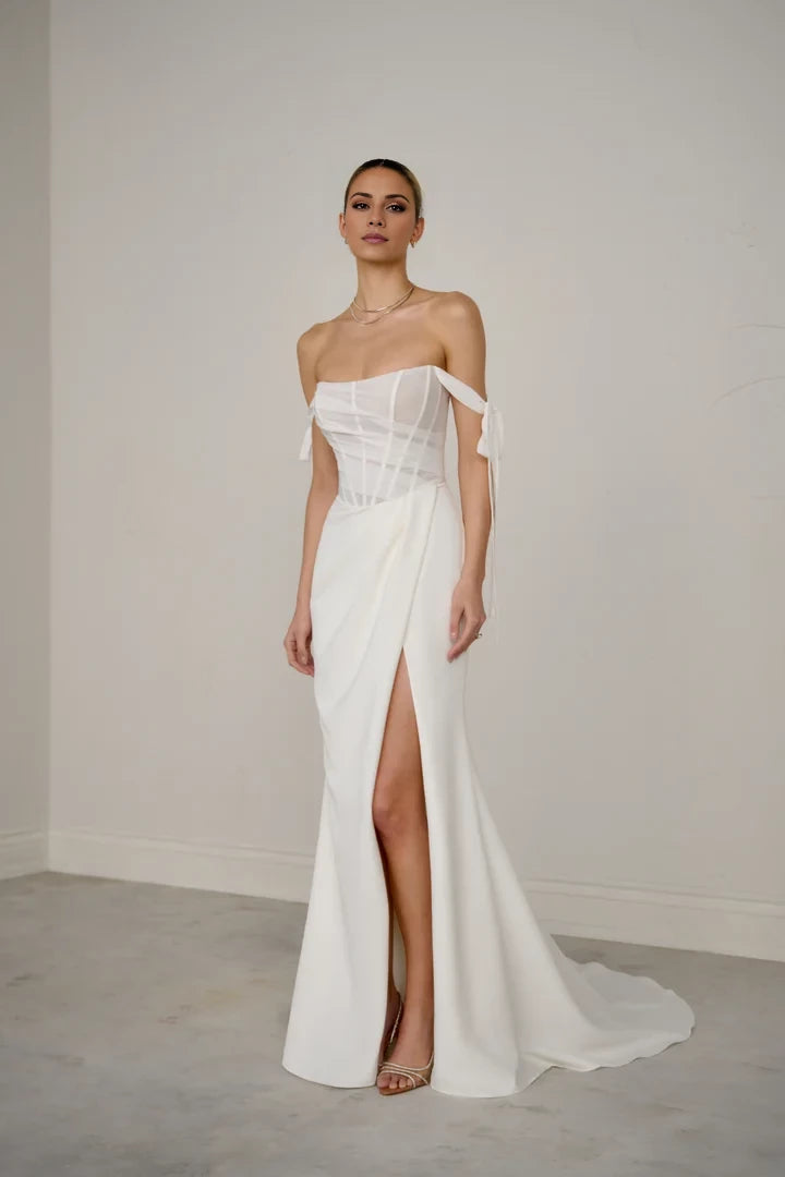 Crepe Fit and Flare Gown with Off-The-Shoulder Straps and Sheer Bodice Wedding Dresses