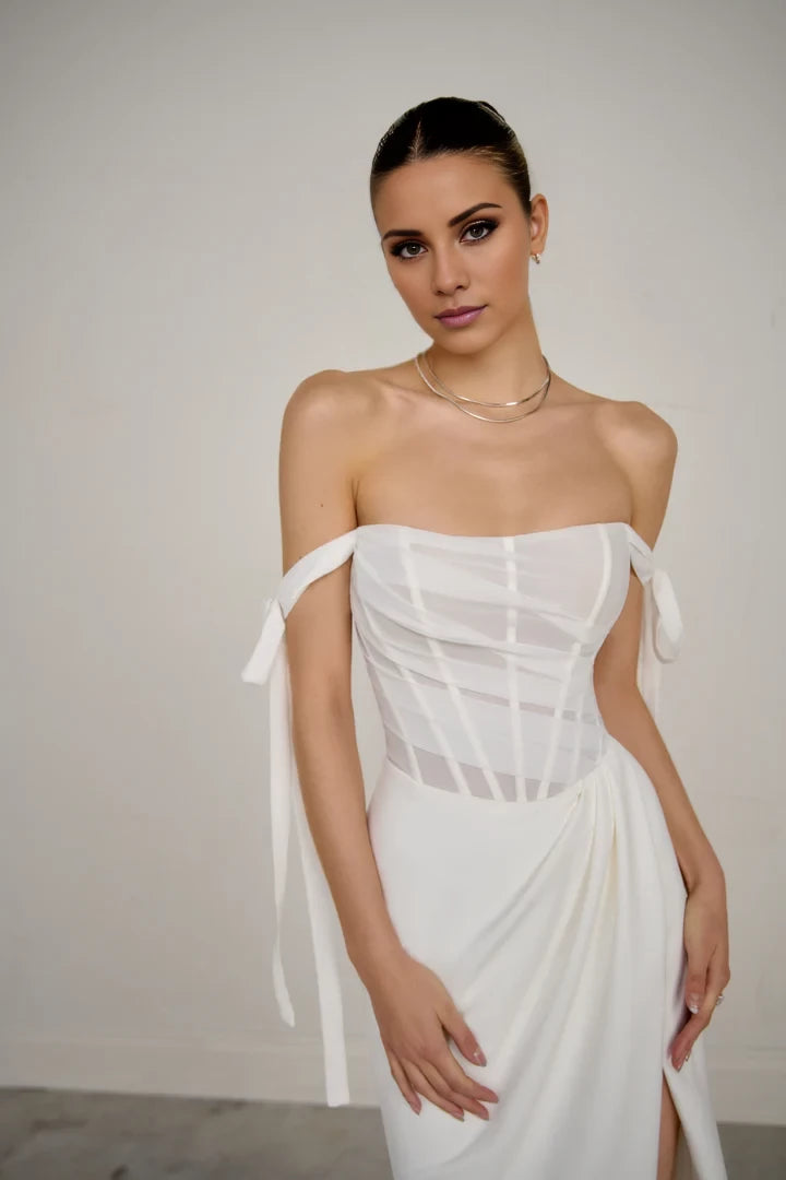 Crepe Fit and Flare Gown with Off-The-Shoulder Straps and Sheer Bodice Wedding Dresses