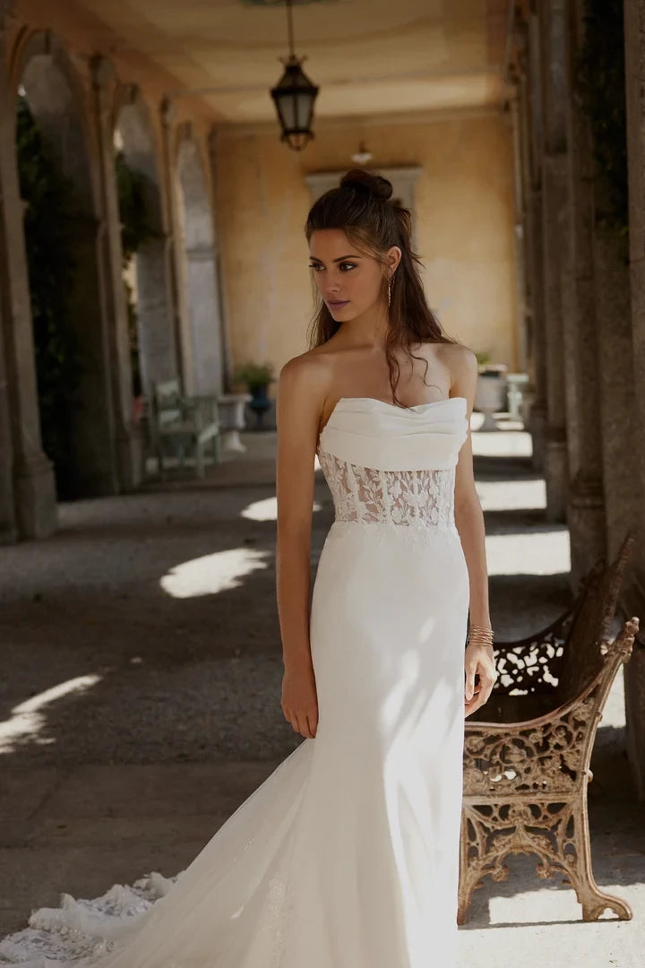 Crepe Fit and Flare Gown with Pleated Scoop Neckline Wedding Dresses