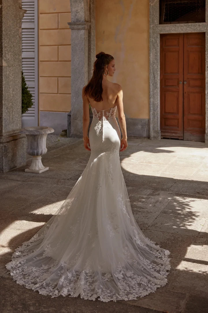 Crepe Fit and Flare Gown with Pleated Scoop Neckline Wedding Dresses