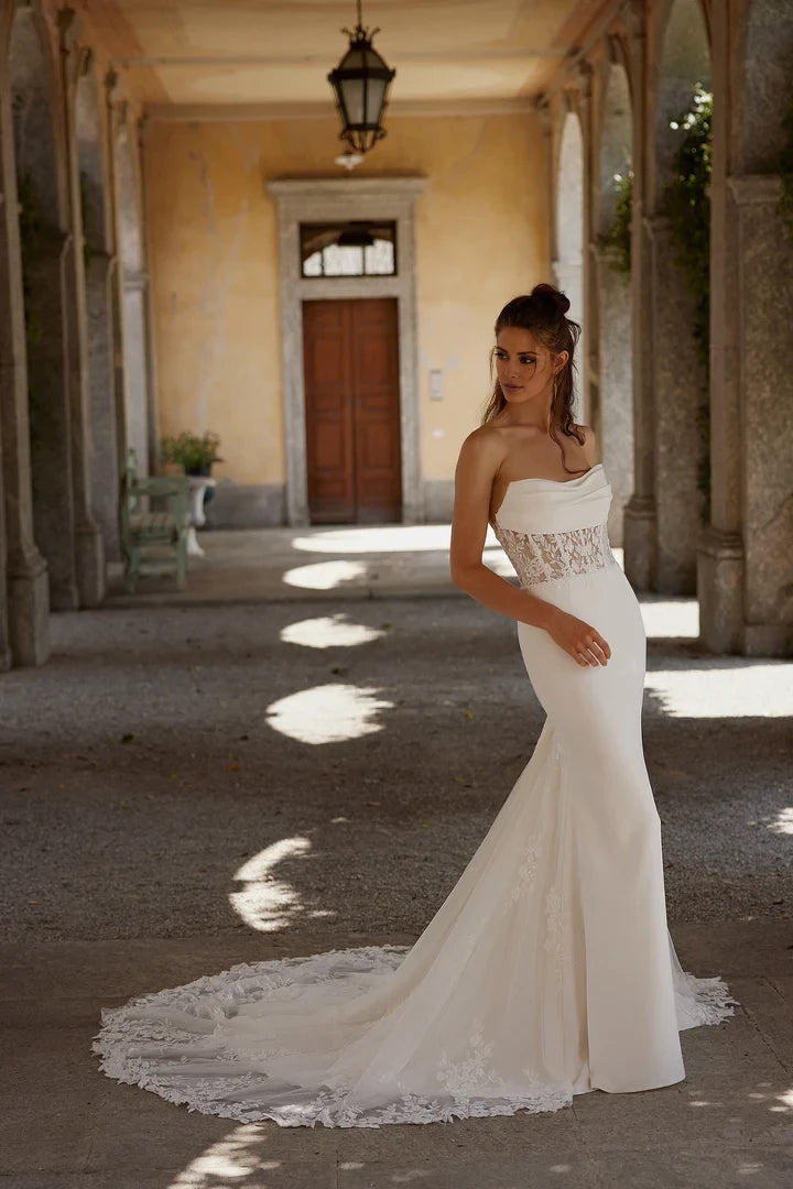 Crepe Fit and Flare Gown with Pleated Scoop Neckline Wedding Dresses