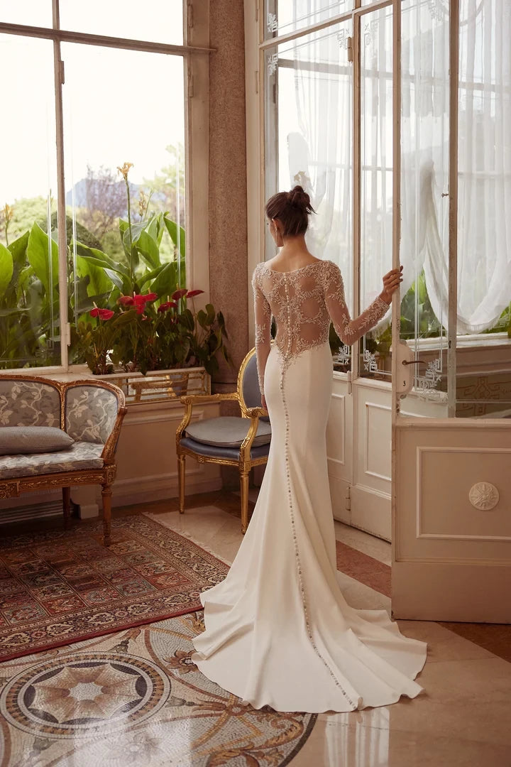 Crepe Fit and Flare Wedding Dress with Beaded Illusion Back Wedding Dresses