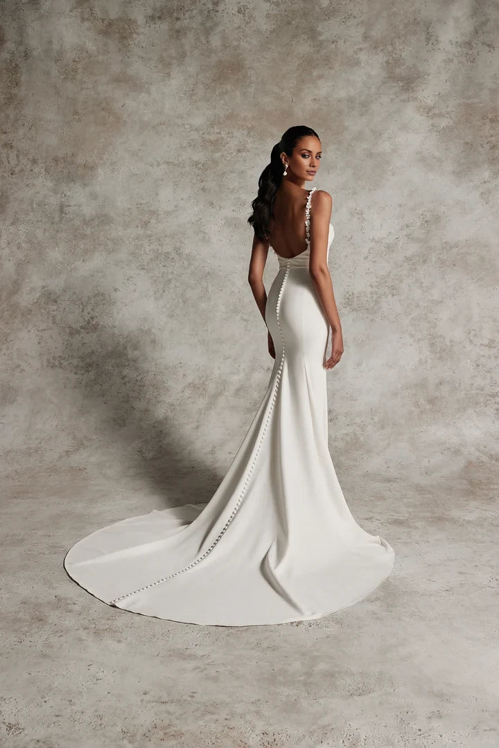 Crepe Fit and Flare Wedding Gown with 3D Floral Appliqués Wedding Dresses
