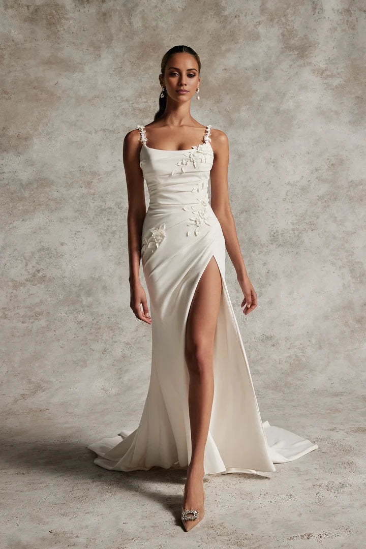 Crepe Fit and Flare Wedding Gown with 3D Floral Appliqués Wedding Dresses