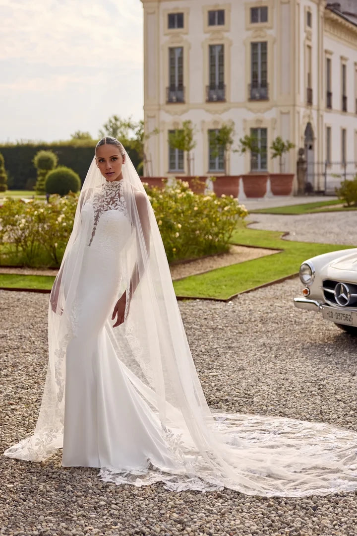 Crepe Fit and Flare with Jewel Neckline and Illusion Back Wedding Dresses