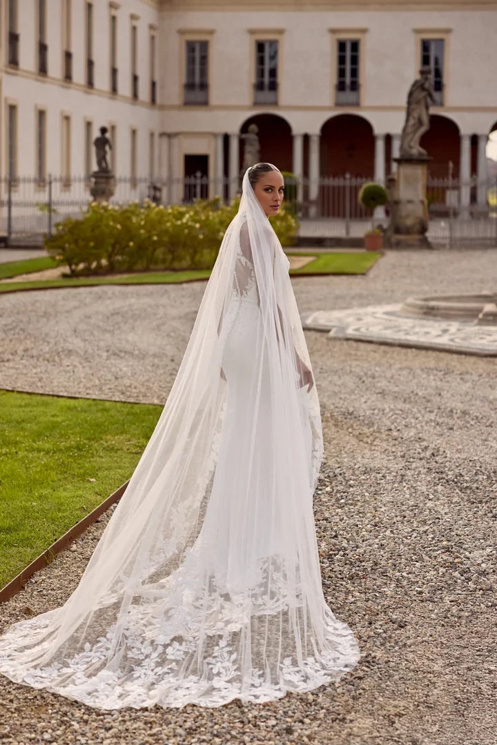 Crepe Fit and Flare with Jewel Neckline and Illusion Back Wedding Dresses