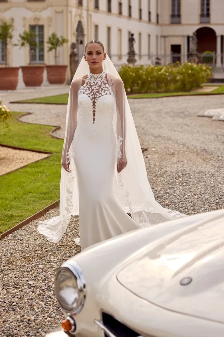 Crepe Fit and Flare with Jewel Neckline and Illusion Back Wedding Dresses