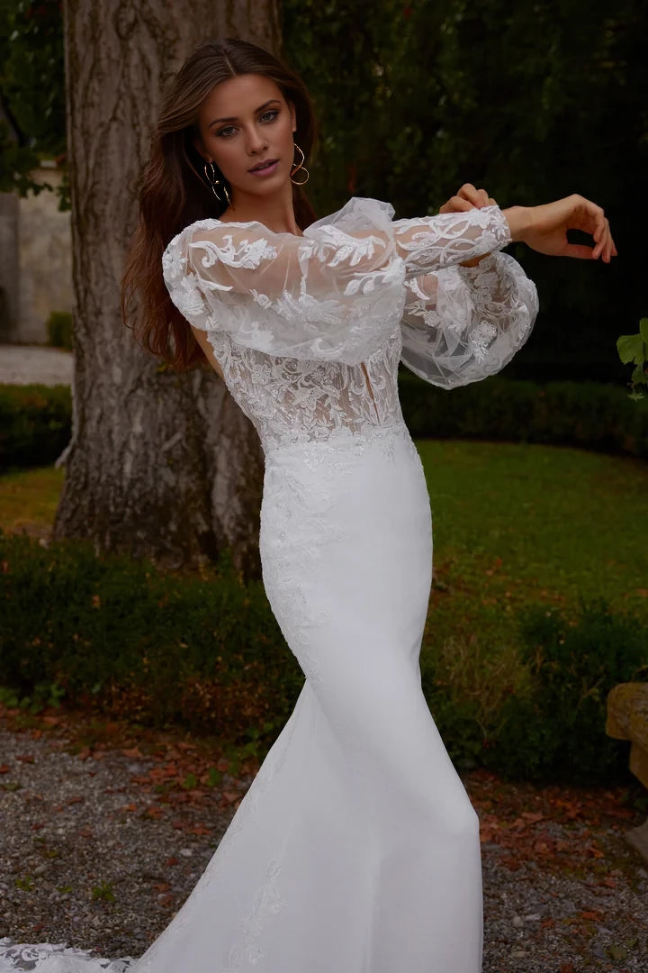 Crepe Fit and Flare with Notched Square Neckline and Open Scoop Back Wedding Dresses