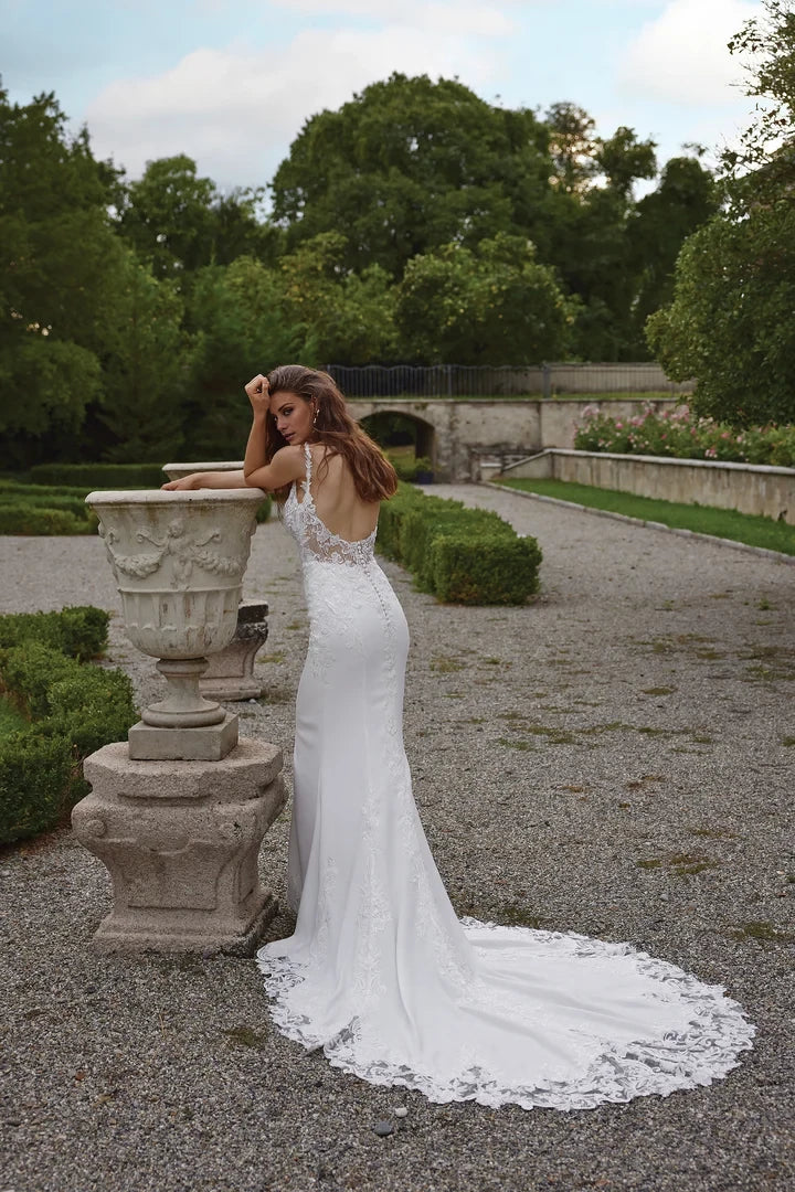 Crepe Fit and Flare with Notched Square Neckline and Open Scoop Back Wedding Dresses